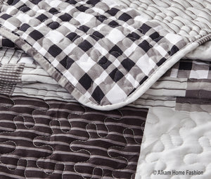 Black and Grey Modern Plaid Bedspread and Pillow Sham Set