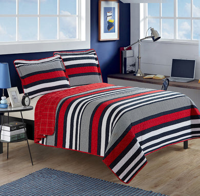 All American Collection Contemporary Red-Navy Striped Bedspread Set